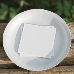 Paper napkin mockup and white plate standing on tree trunk. Disposable tableware party materials. Outdoors green nature family camping background. Lush trees leaves environment.