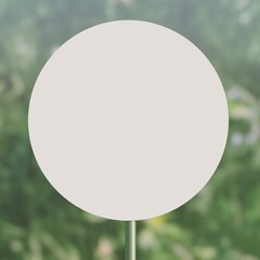 Blank round sticker mockup. Sticker mockup with copy space. Stickers template for logo advertising branding marketing. Outdoors green nature background. Lush trees leaves environment.