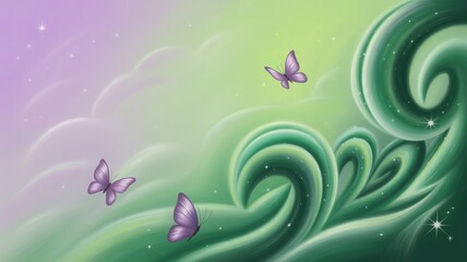 Whimsical Butterfly Dance: A captivating illustration features delicate butterflies gracefully soaring through an enchanting landscape. Evoking a sense of serenity and imagination.