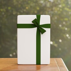 Gift boxes standing on wooden table template. Gift wrapping paper mockup. Blank holiday gift wrap with green gift ribbon. Outdoors green nature camping background. Lush trees environment. 