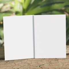 Blank birthday invitation mockup standing on tree trunk. Birthday card mockup with copy space. 5x7 invitation mockup template. Outdoors lush trees green nature family camping background.