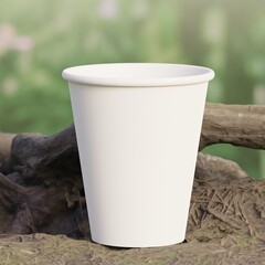 White paper cup template. Blank Paper cup mockup. Coffee cup with copy space. Disposable tableware party materials. Outdoors green nature camping background. Lush trees leaves environment. 