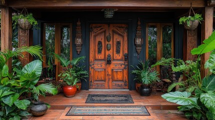 Tropical Home Entrance, Lush Plants, Ornate Door, Peaceful Porch