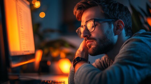 A tired man with a beard and glasses works at a computer at night, feeling exhausted and stressed — an illustration for articles about overwork, stress at work, and remote employment. - Powered by Adobe
