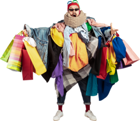 Shocked man in oversized clothes with shopping bags full of purchases on transparent background. Concept of retail overload, consumer culture, financial stress, and comical lifestyle excess.