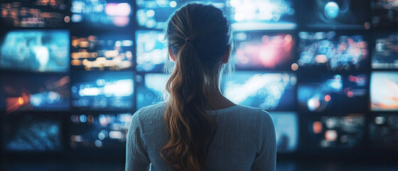 A woman in front of a panel with multiple screens is relevant for topics related to monitoring, security, and data analysis.