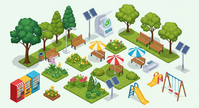 Isometric Park Set with Trees, Benches, Solar Panels, and Playground - Vector Banner - Powered by Adobe