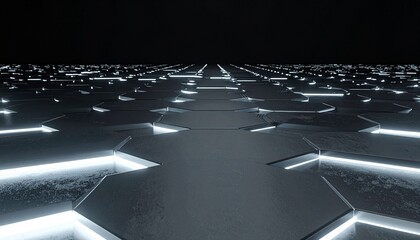 Dark futuristic landscape with illuminated hexagonal patterns, deep perspective.