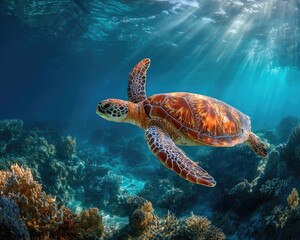 Obraz premium Sea Turtle Swimming Over Coral Reef Under Sunlight