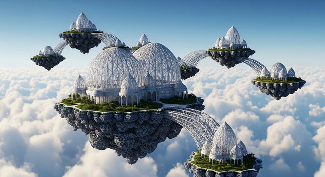 Isole fluttuanti oltre le nuvole con strutture passanti che le uniscono con uno stile artistico futuristico