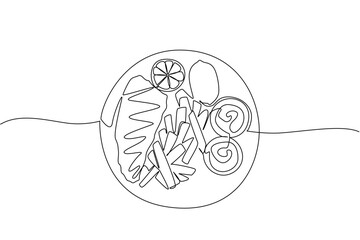 Continuous line drawing of fish and chips with sauces on a round plate, designed to celebrate National Fish and Chip Day, blending minimalism and food concept in modern illustration.