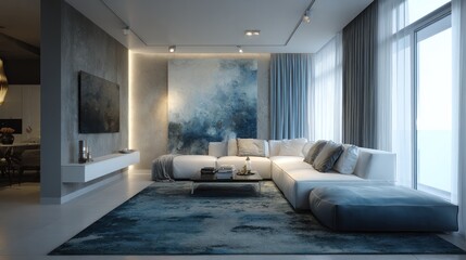 Airy living room with blue accents, ample natural light, and minimalist design