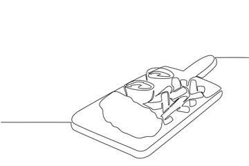 Single line drawing of traditional fish and chips on a wooden board with sauces, highlighting British cuisine and the celebration of National Fish and Chip Day in a food concept.