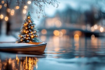 Enchanted christmas tree on boat with twinkling lights on peaceful lake at dusk