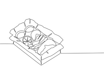 Continuous line drawing of classic fish and chips served in a takeaway box with sauces and lemon slices, representing National Fish and Chip Day in a food concept design.