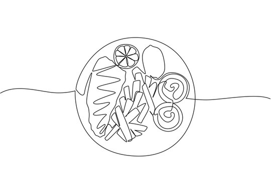 Continuous line drawing of fish and chips with sauces on a round plate, designed to celebrate National Fish and Chip Day, blending minimalism and food concept in modern illustration. - Powered by Adobe