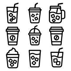 Iced Coffee and Beverage Icon Set Nine Bold Line Drawings.