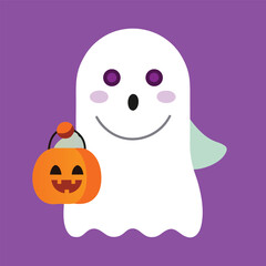 Simple and cute cartoon ghost holding a pumpkin candy bucket, perfect for halloween themed designs and illustrations