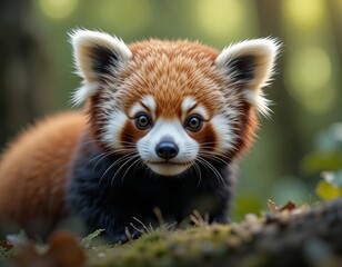 Adorable red panda with wide curious eyes peeking through lush green forest foliage.