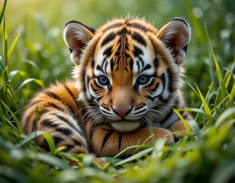 Adorable tiger cub with striking blue eyes rests peacefully in lush green grass.