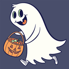 A cheerful cartoon ghost is trickortreating with a pumpkin basket full of candy on halloween night