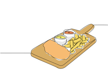 A single line drawing of fish and chips with dipping sauces on a wooden board, representing tradition and flavor, celebrating National Fish and Chip Day in a food concept illustration.