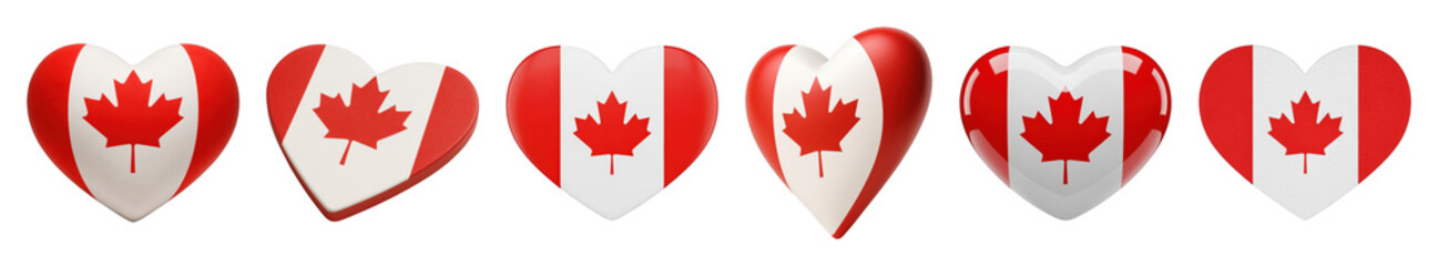 Obraz premium Canadian flag heart set including smooth, textured, 3D, and glossy styles isolated. Patriotism and national symbols collection.
