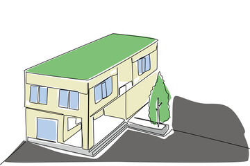 Continuous line drawing of a two-story apartment building topped with a green roof, showing sustainable urban living and eco-friendly housing solutions for World Green Roof Day, business concept.