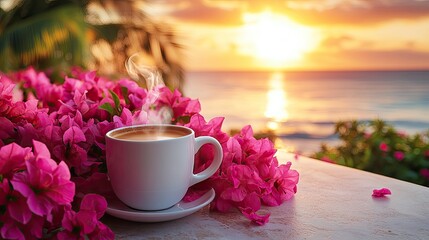 Tropical Sunset Coffee by the Ocean