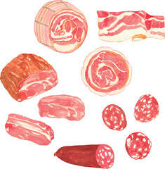 Vector watercolor illustration set of salami, smoked sausage, ham, bacon, jam&oacute;n, prosciutto, and assorted cured meats