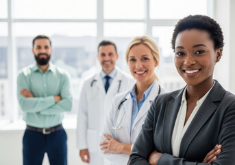Fototapeta premium Multicultural medical team smiles and looks forward, symbolizing professionalism, diversity, and reliability in the healthcare and wellness sector