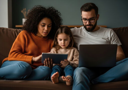 Multicultural family uses tablet and laptop, symbolizing technology, shared fun, and learning in a serene atmosphere