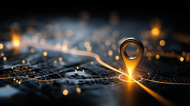 Mapping the Path: A luminous golden location pin glows brightly on a detailed digital map, symbolizing navigation and geographical positioning within a dark, mysterious environment.