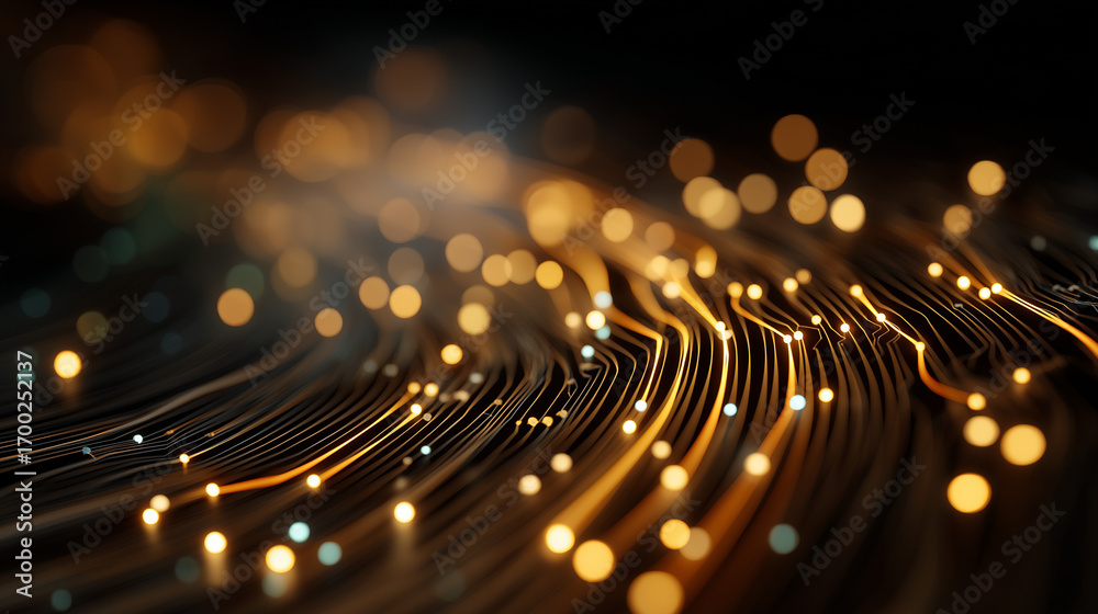 Wall mural golden data stream: an abstract representation of interconnected data flows, the scene is illuminate