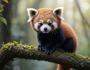 Naklejka premium Adorable red panda cub sits on mossy branch in a lush forest.