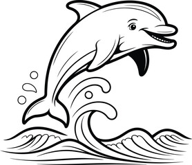 Fototapeta premium Joyful cartoon dolphin leaping playfully out of the ocean waves with a happy expression and water splashes