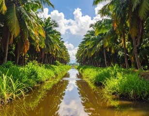 Obraz premium Serene Waterway Lined by Palm Trees under a Blue Sky on a Tropical Day