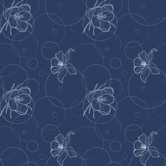 Seamless pattern flowers and circles with a white outline on a blue background