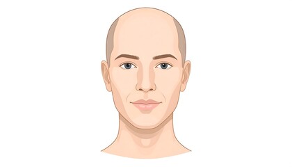A detailed illustration of a bald male face, presenting a neutral expression and light beige tones.