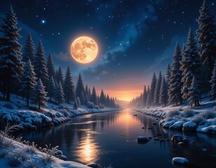 Serene winter night with a full moon illuminating a snow-covered forest and tranquil river.