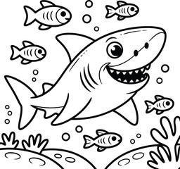 Naklejka premium Cute cartoon shark with happy expression swimming with smaller fish and bubbles in a simple underwater scene