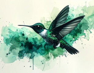 Dibujo  de un colibrí en vuelo hecho con trazos negros finos, sobre un splash de acuarela en tonos verde y turquesa