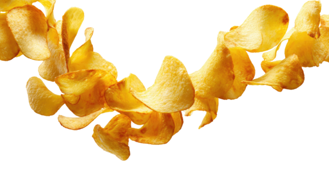 Crispy potato chips, golden yellow, in a flowing, curved arrangement against a black background.  The chips show texture and varying shapes, with a highlighted edge