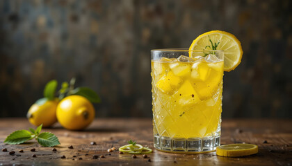 Refreshing Lemonade with Ice Cubes and Lemon Slice