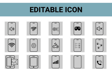 A grid of editable smartphone icons showcasing various functions like wifi, volume control, gaming, messaging, and calls, all presented clearly for design use.