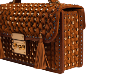 Brown Studded Quilted Bag With Tassels And Crystals