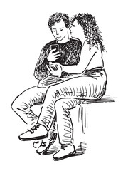 Couple young loving people using smartphone, sitting on park bench,  sketch, vector hand drawing, white background
