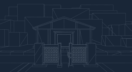 Architectural blueprint of a gate and building in a stylized geometric setting