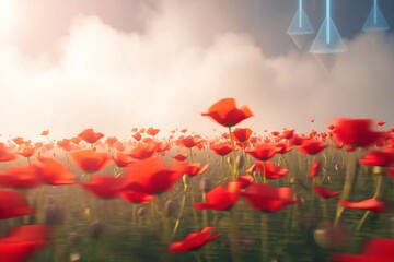 Expressive floral scene of red poppies moving in the wind, perfect for nature, art, and decorative use.