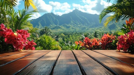 Tropical wooden deck overlooking lush mountains